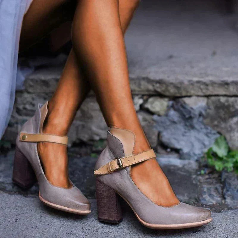 Stylish ladies' closed toe block heels with an elegant ankle strap, great for dressy occasions & evening events.