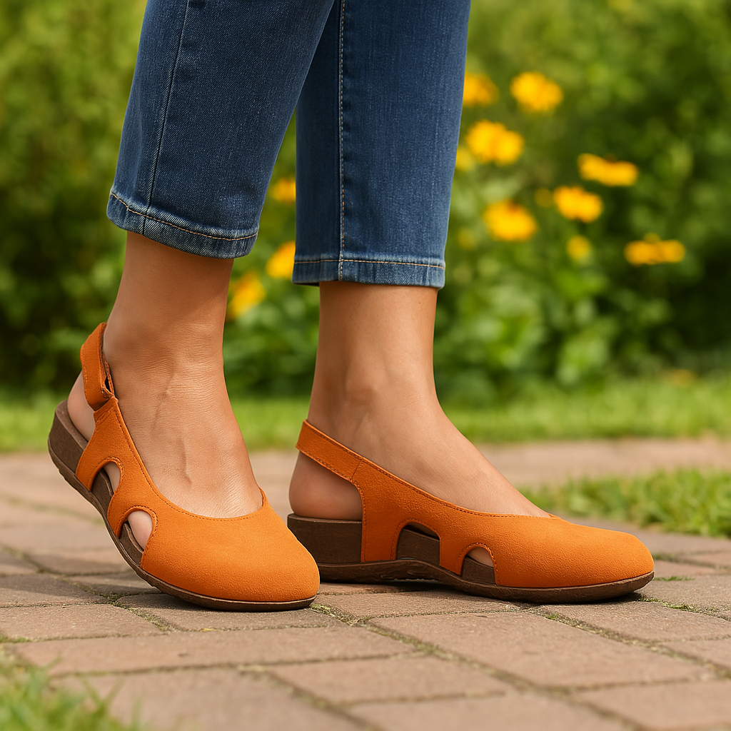 Comfortable women's closed-toe slingback shoes with adjustable buckle strap, ideal for all-day wear.