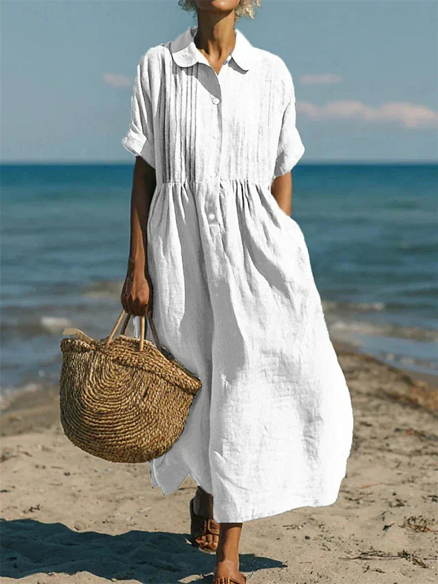 Elegant women's collared buttoned pleated maxi dress. Versatile for summer & autumn.