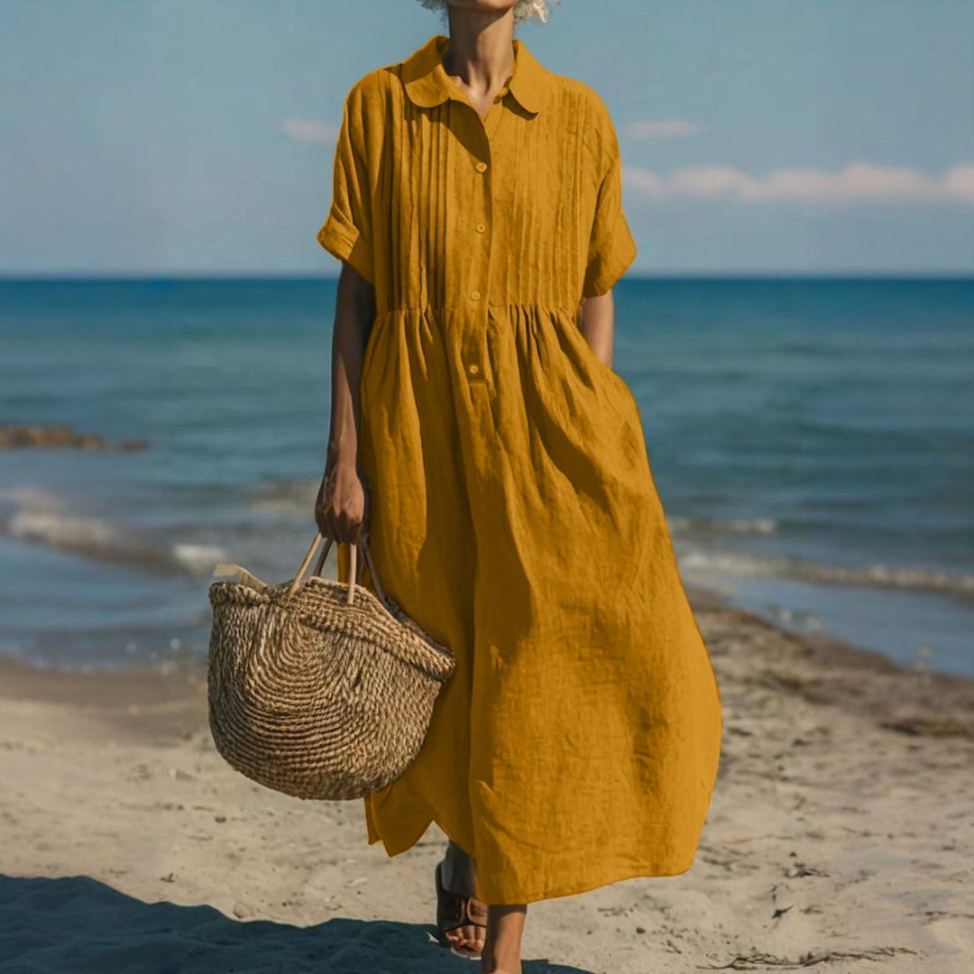 Stylish women's collared buttoned pleated maxi dress for an elegant or casual look.
