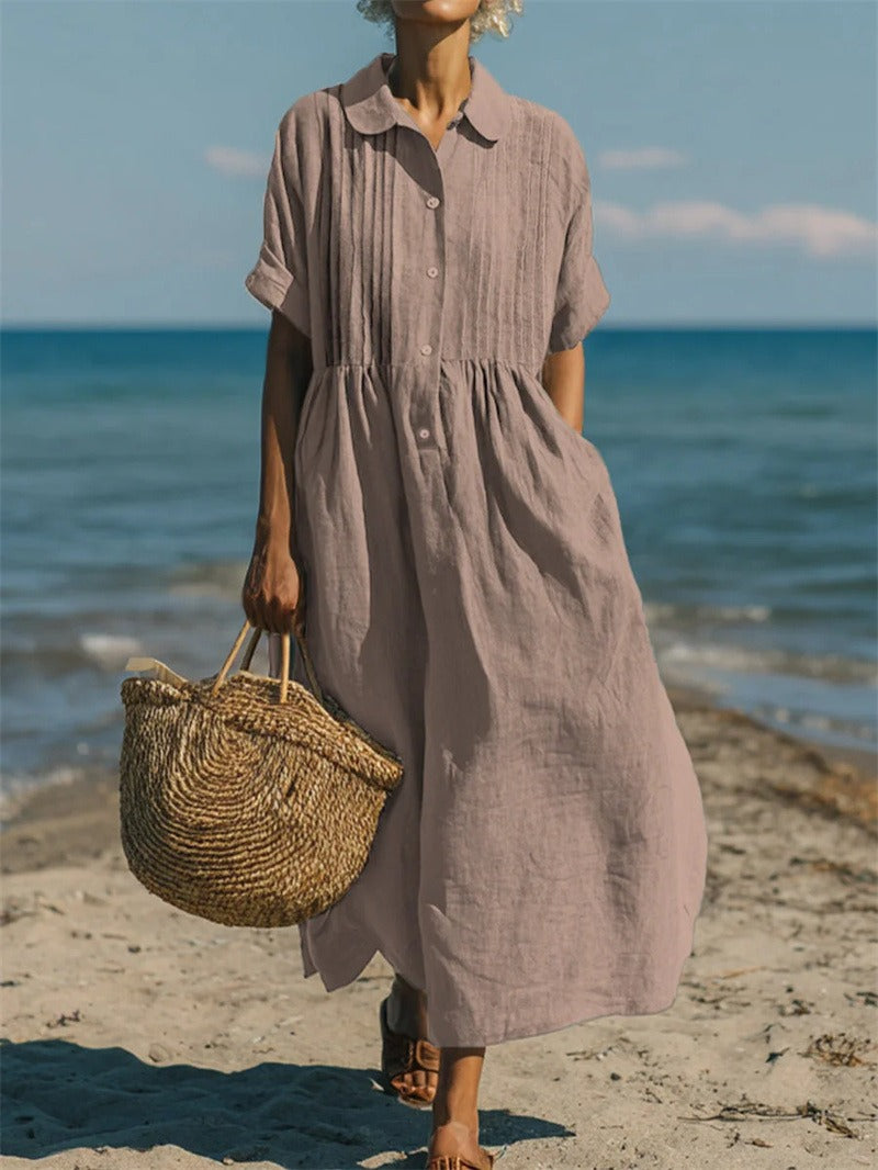 Chic women's collared pleated maxi dress. Ideal for elegant everyday wear in summer/autumn.
