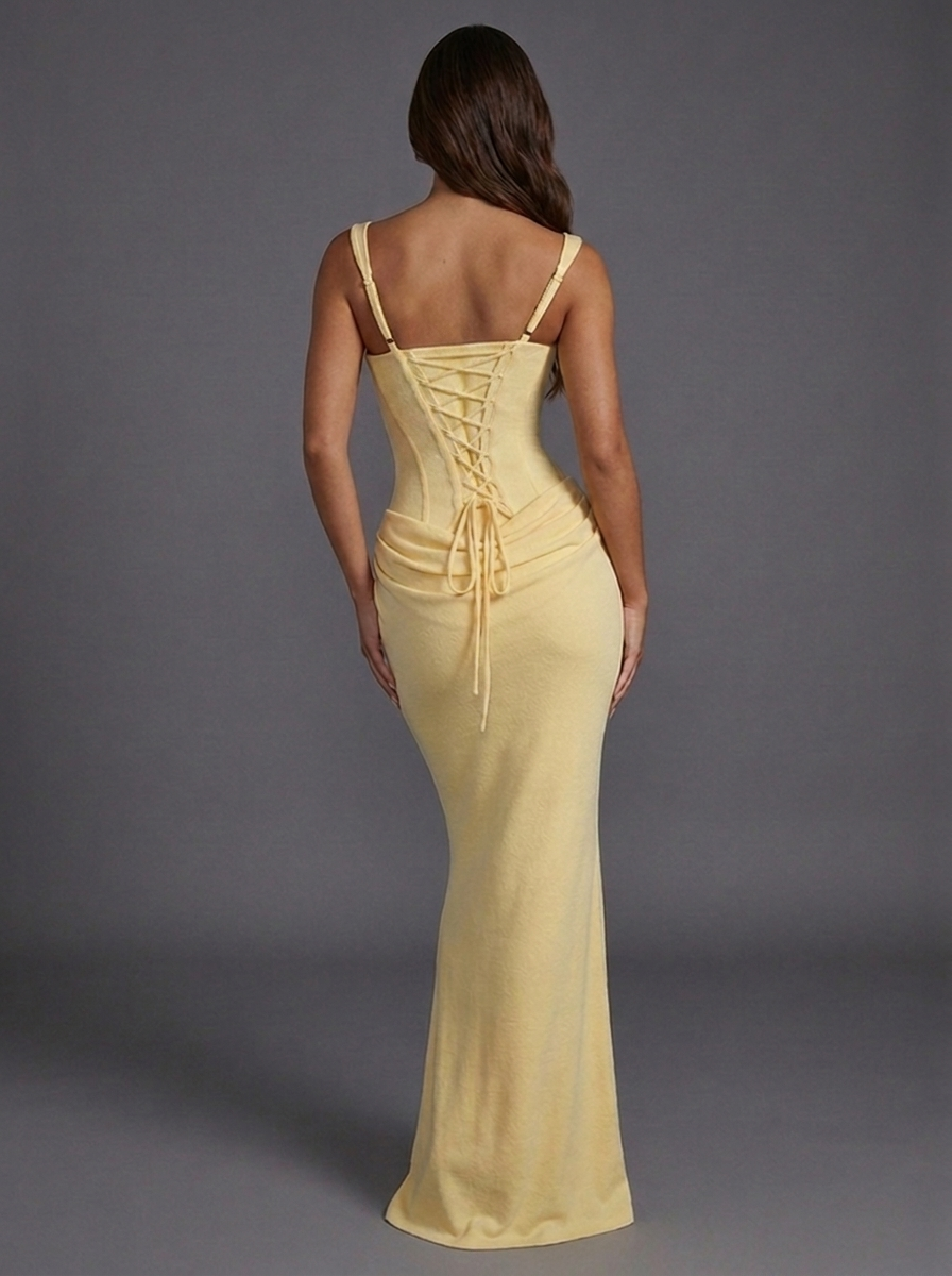 Sophisticated women's elegant draped maxi prom dress, a chic corset design for evening wear.