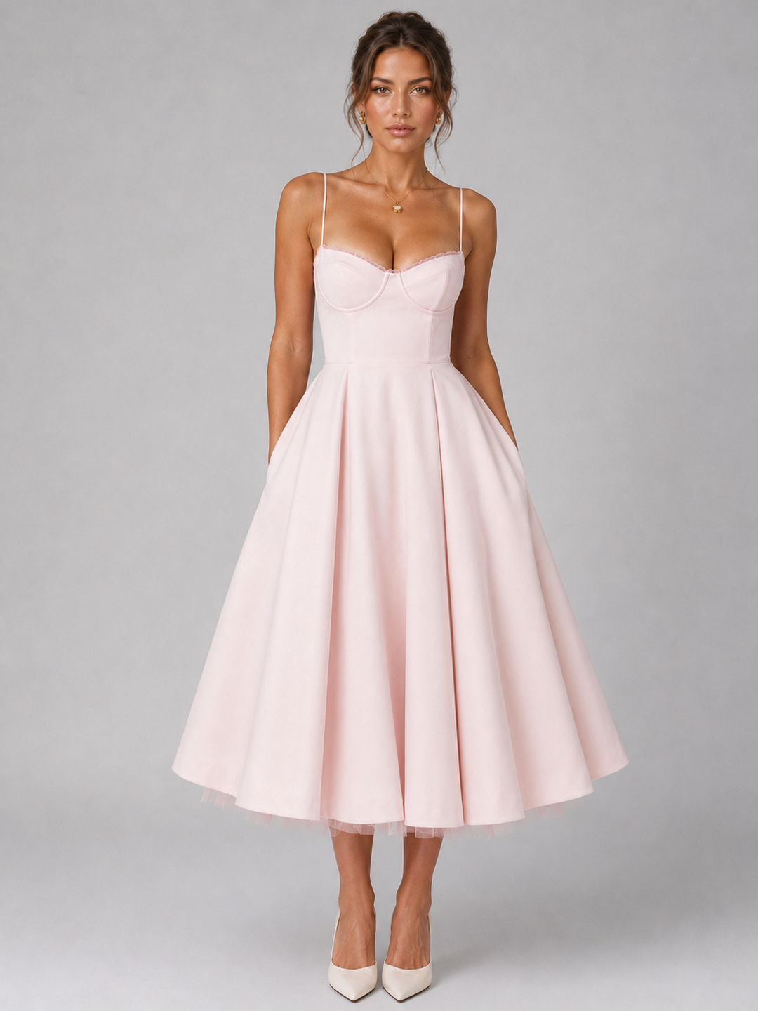 Elegant women's corset full skirt midi dress, perfect for summer parties & vacation. Feminine style.