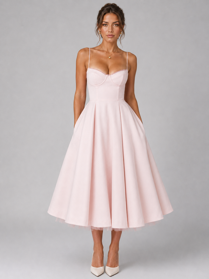 Elegant women's corset full skirt midi dress, perfect for summer parties & vacation. Feminine style.