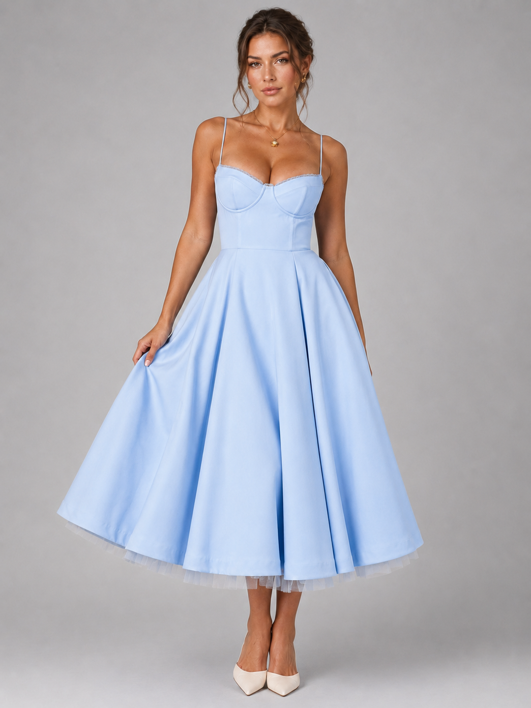 Stylish women's corset midi dress featuring a full, flowy skirt. Perfect elegant summer party or casual vacation dress.