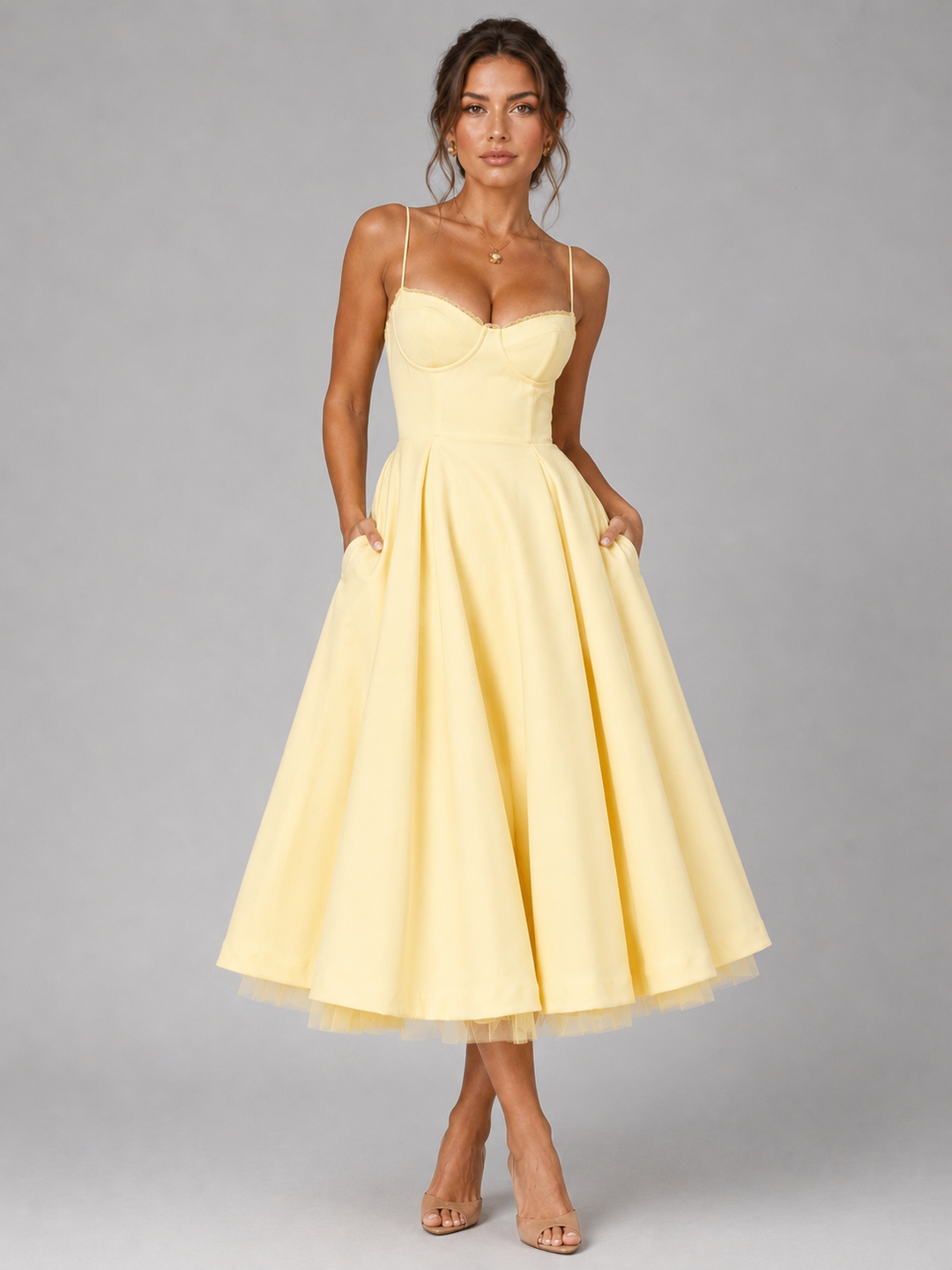 Versatile women's elegant midi dress with a corset bodice & full skirt for summer parties, casual outings & vacations.