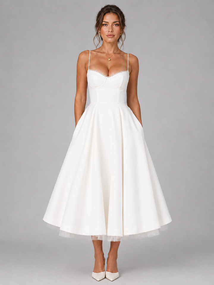 Flowing full skirt midi dress with a structured corset top, offering elegant summer style for any event.