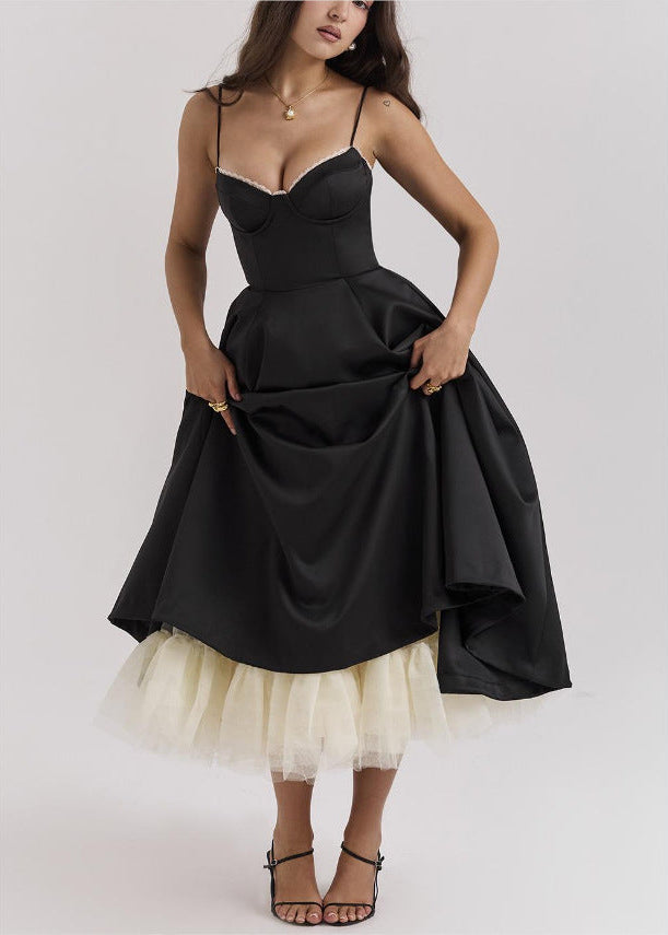 Feminine women's corset midi dress, designed with a elegant full skirt for a chic summer party outfit.