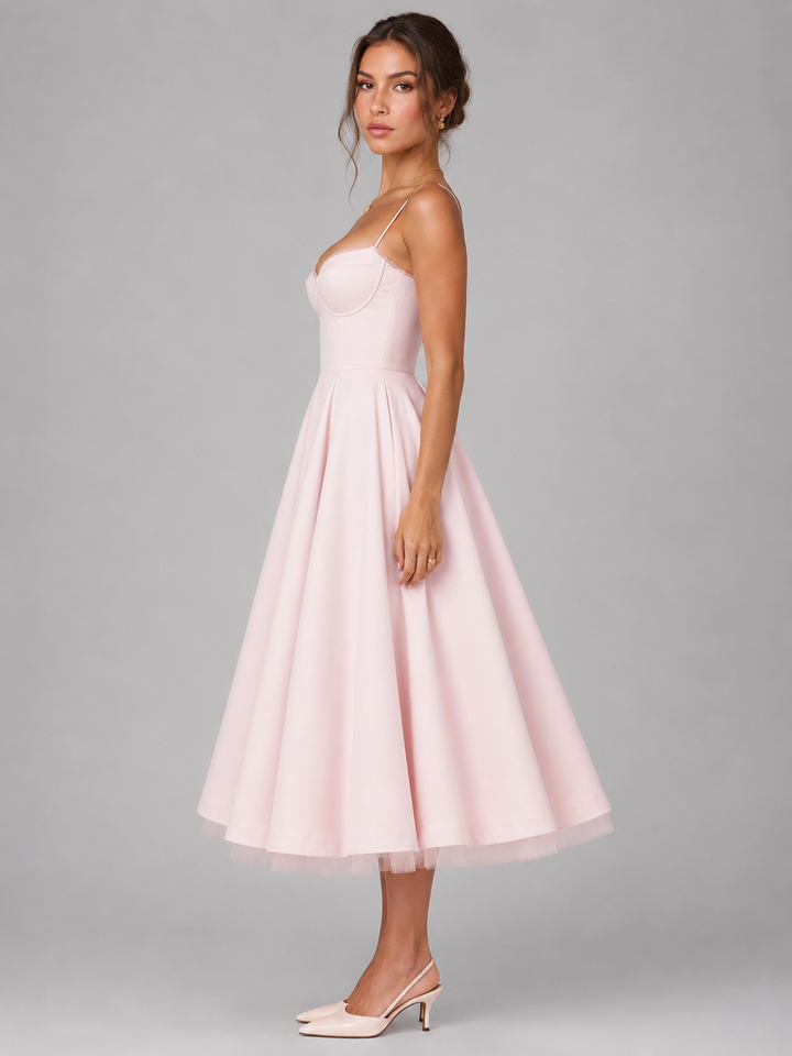 Chic women's full skirt midi dress with a structured corset, perfect for elegant summer parties & casual vacation outfits.