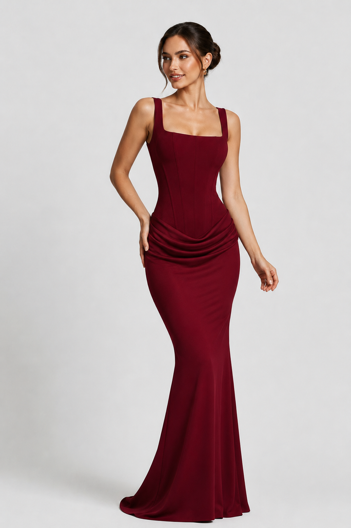 Chic women's formal corset maxi gown, beautifully pleated, excellent choice for black tie events & parties.