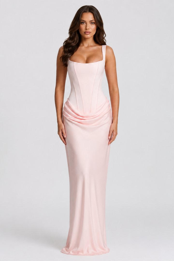 Stylish women's long formal pleated gown with a flattering corset design, ideal for galas & parties.