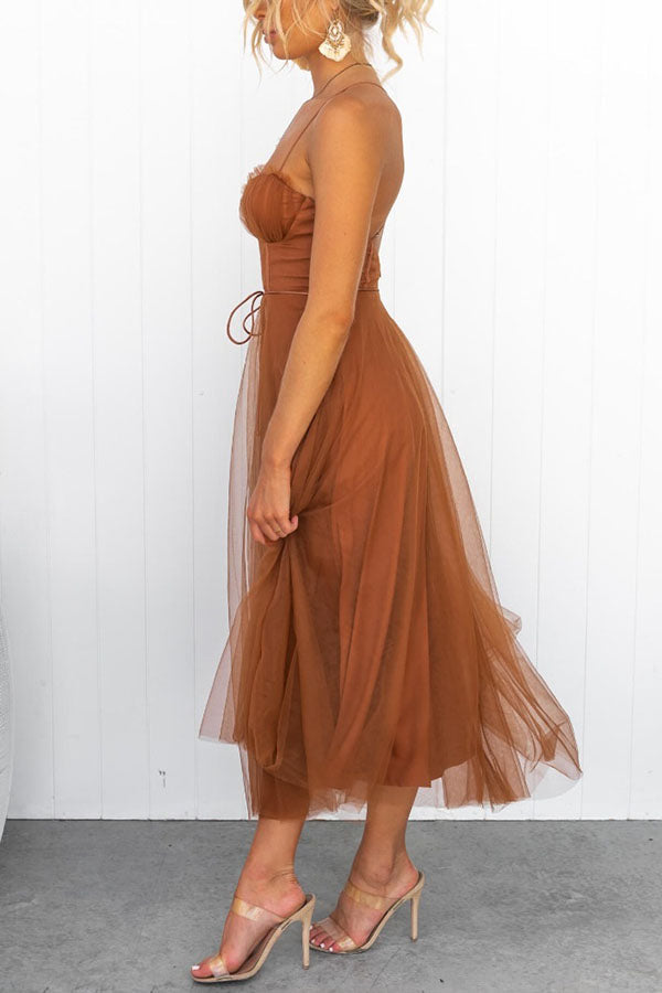 Versatile corset midi dress suitable for evening wear and celebratory occasions.