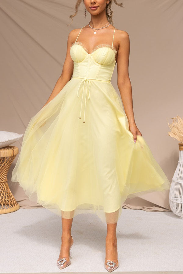 Romantic women's dress with a sweetheart corset and a delicate, sheer tulle skirt.