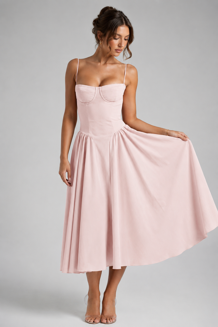 Elegant women's corset midi dress with full skirt & lace-up back, ideal for any special occasion.