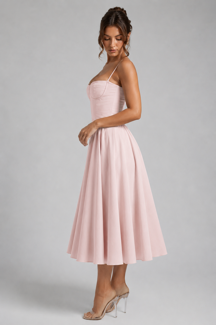Chic women's party corset midi dress. Full skirt & adjustable lace-up back, perfect for wedding guests.