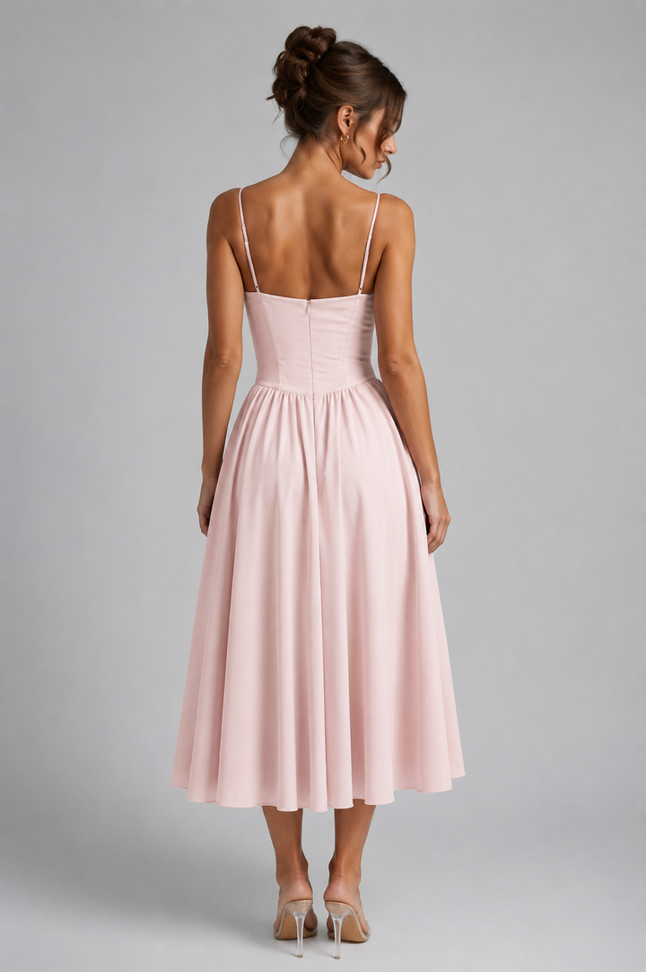 Stylish women's summer cocktail dress. Elegant corset midi with full skirt & flattering lace-up back.