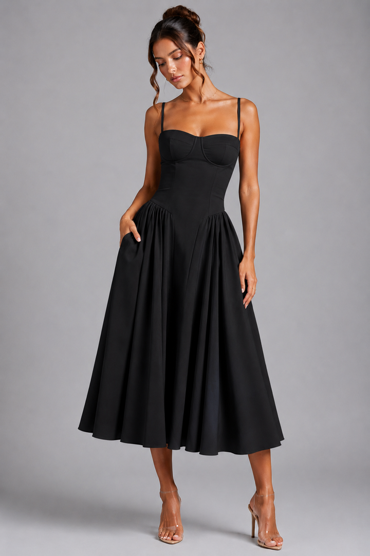 Sophisticated women's occasion midi dress featuring a structured corset top & flowing full skirt.