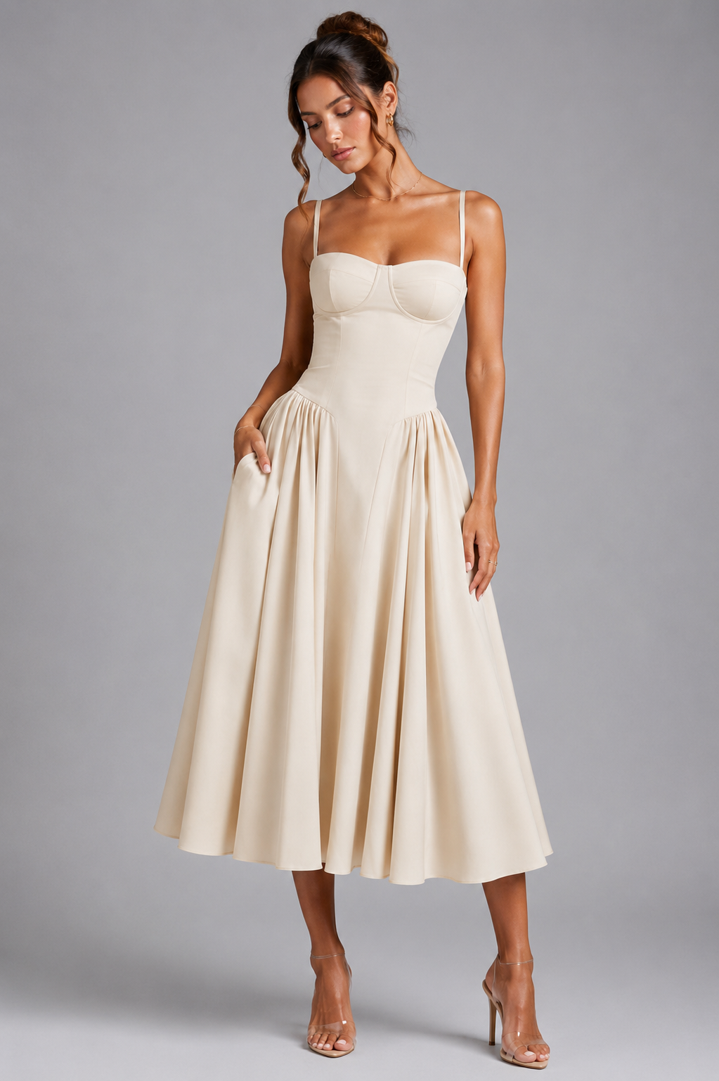 Women's elegant corset midi dress with full skirt & detailed lace-up back for an adjustable fit.