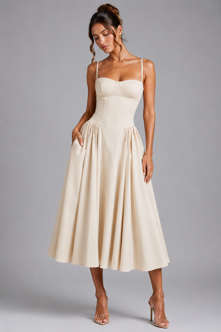 Women's elegant corset midi dress with full skirt & detailed lace-up back for an adjustable fit.