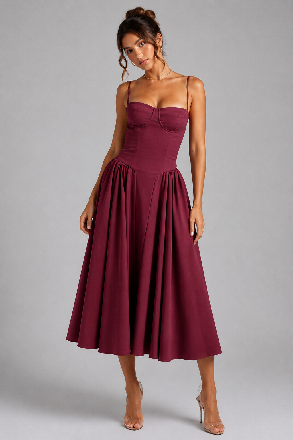 Beautiful women's full skirt midi dress, elegant corset top & stylish lace-up back design.