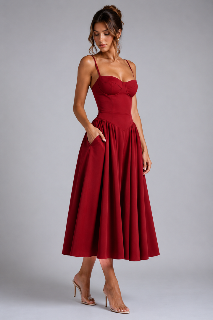 Wedding guest ready: elegant women's corset midi dress, full skirt & sophisticated lace-up back.