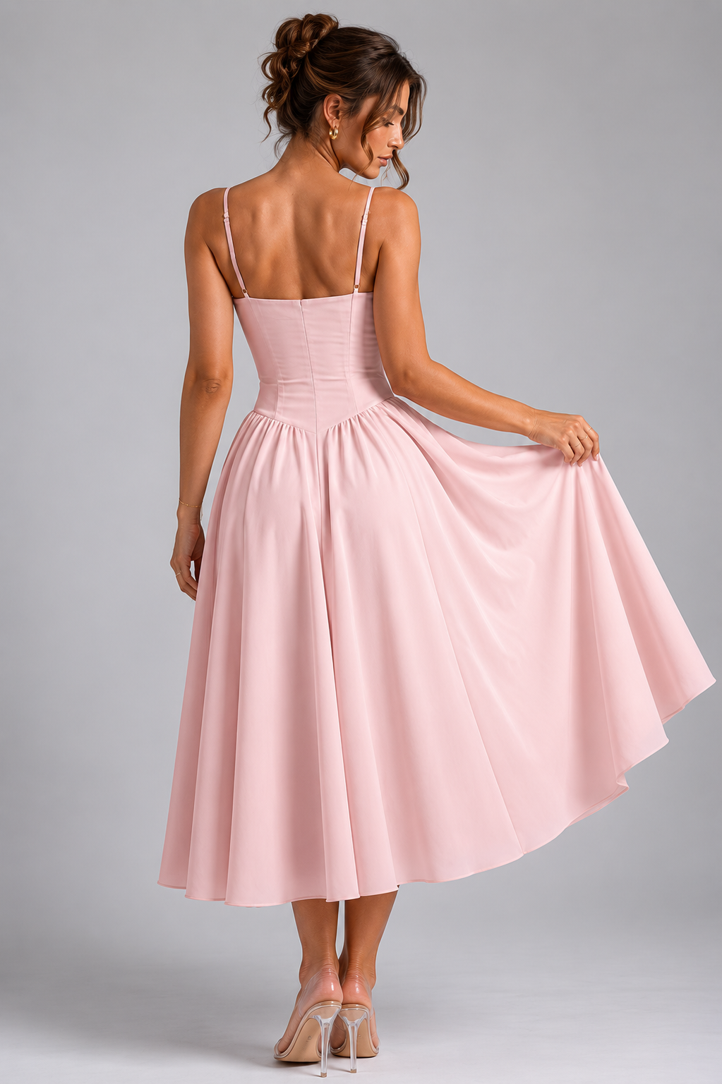 Versatile women's elegant midi dress. Corset top, full skirt, & adjustable lace-up back for comfort.