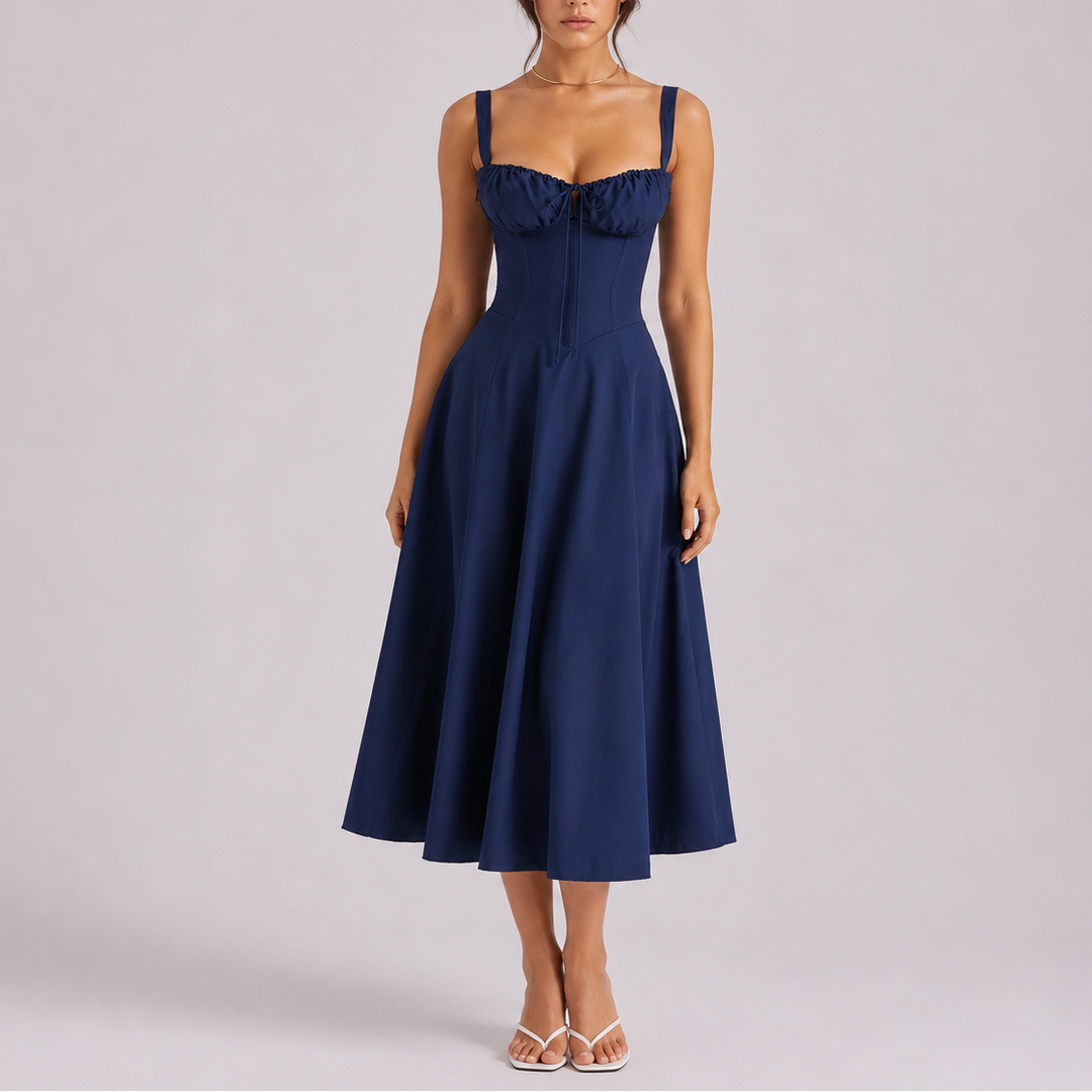 Elegant women's corset midi dress with ruched bust, perfect for formal or cocktail parties.