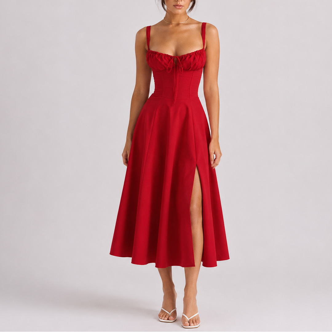 Fitted sleeveless midi corset dress for women, ideal for evening events & special occasions.