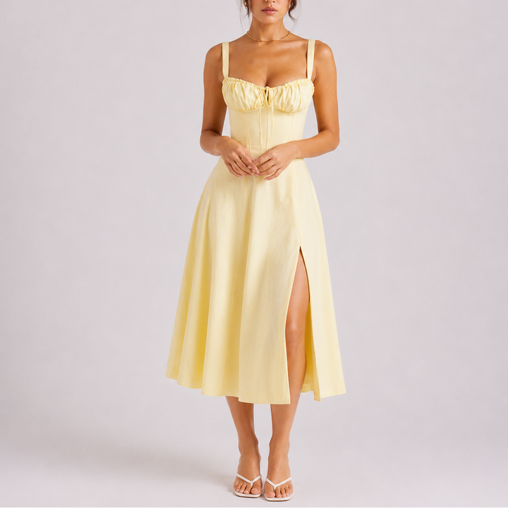 Stylish women's elegant midi dress featuring a structured corset bodice & chic ruched bust detail.