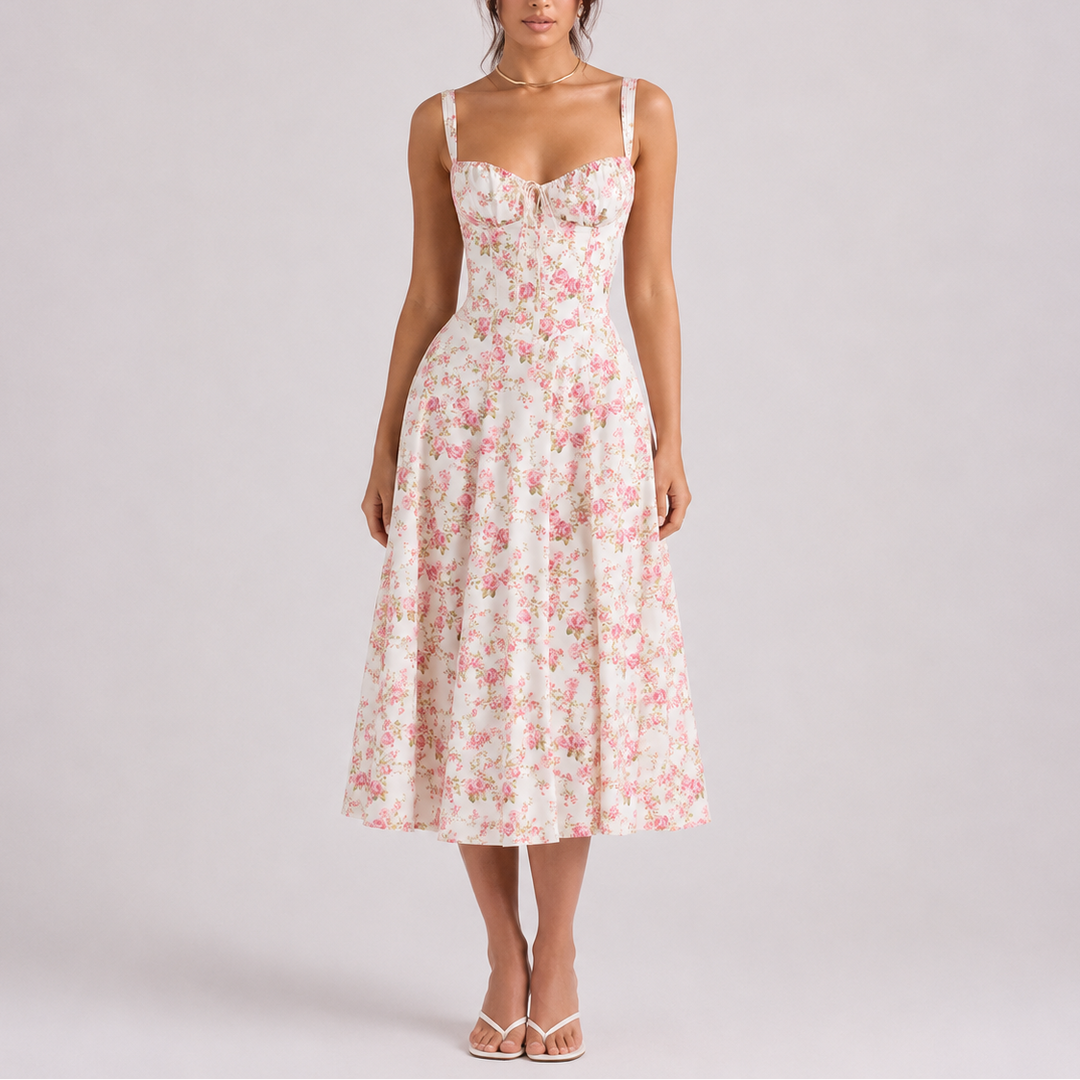Fashionable women's fitted corset midi dress with a flattering ruched bust, great for evening wear.