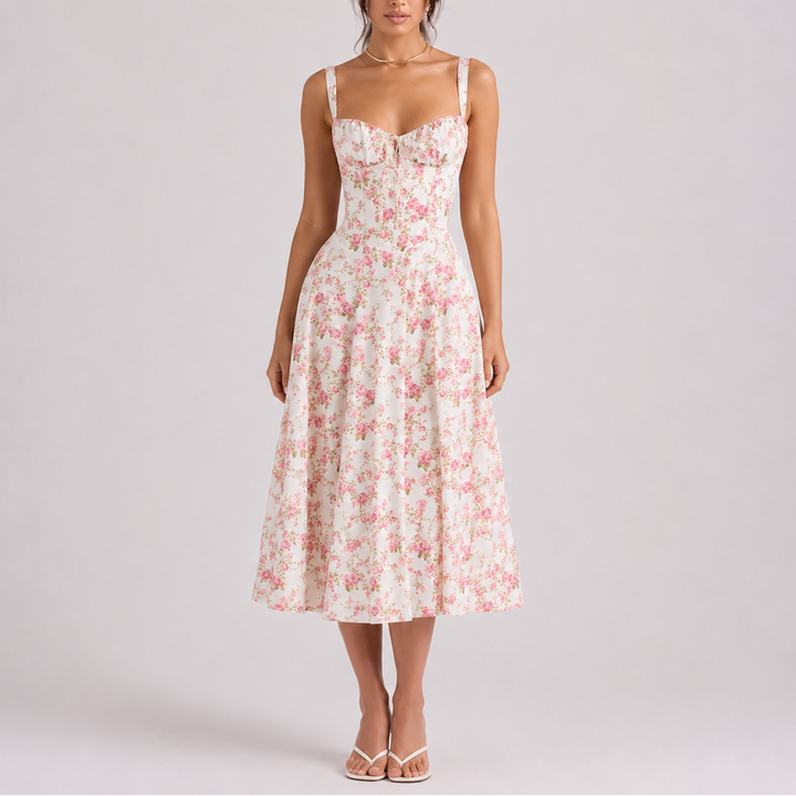 Fashionable women's fitted corset midi dress with a flattering ruched bust, great for evening wear.