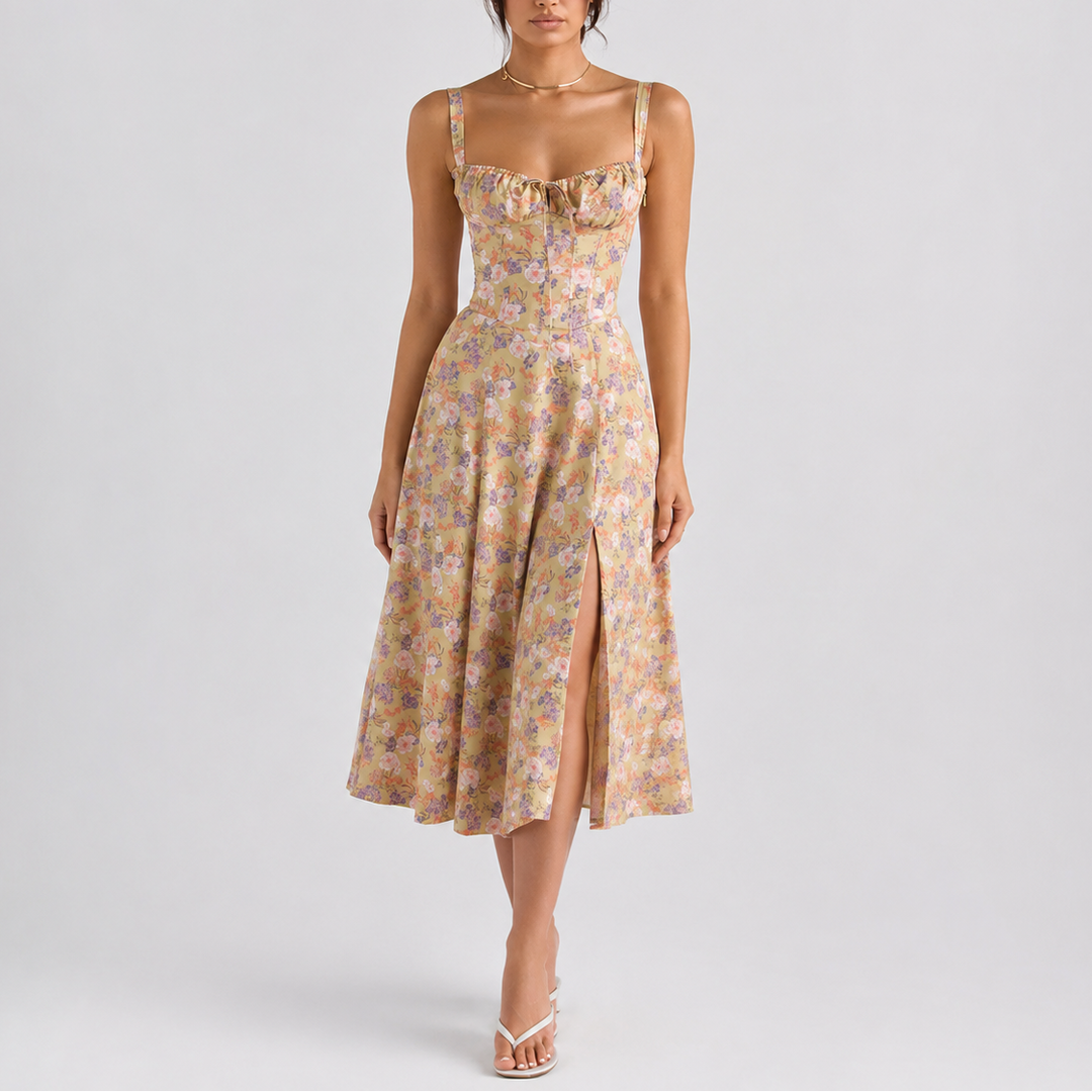 Chic women's party midi dress with an elegant corset top and delicate ruched bust, sleeveless design.