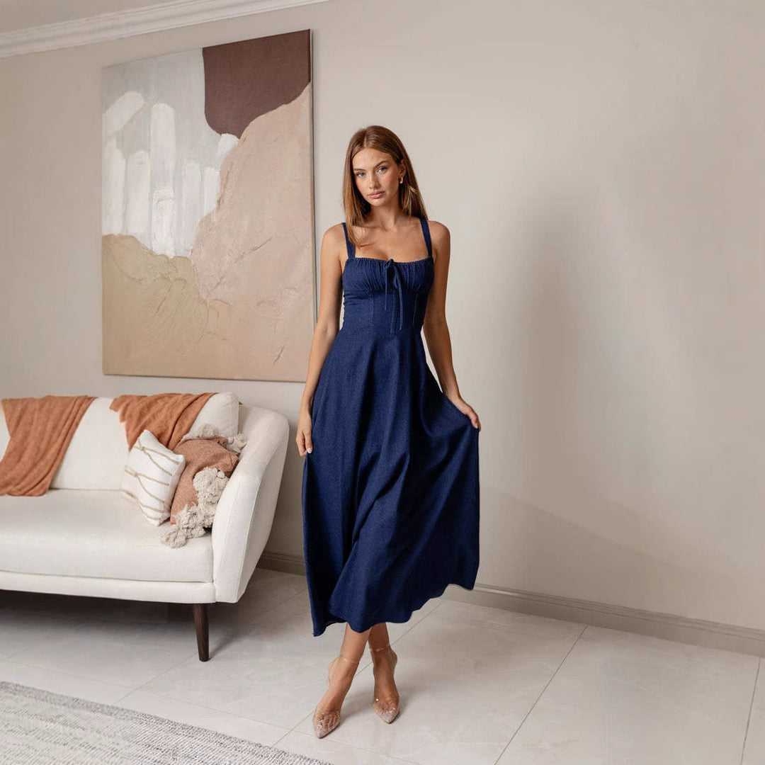 Stylish women's A-line midi dress with a flattering corset top, square neck, and adjustable tie front for a custom fit.