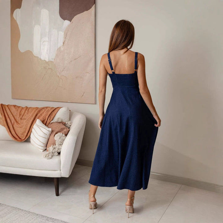 Chic women's midi dress. Features a square neck, A-line skirt, and an elegant tie-front corset design, great for summer.