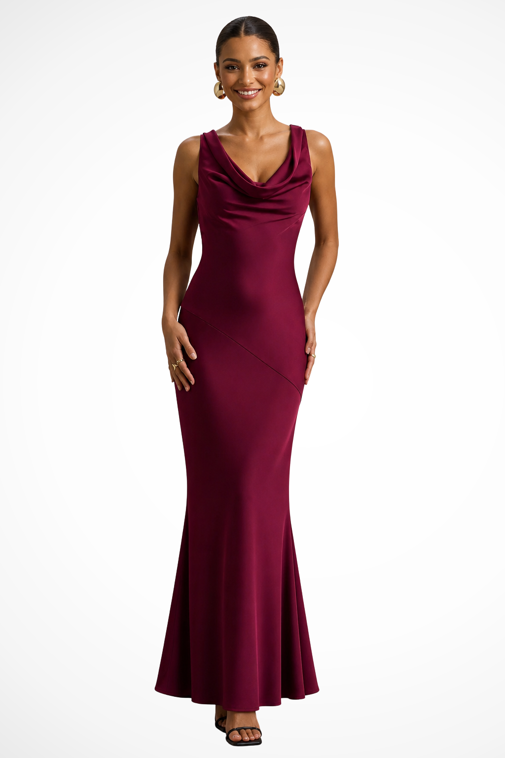 Sophisticated long cowl neck evening gown for women, ideal as a wedding guest or party dress.