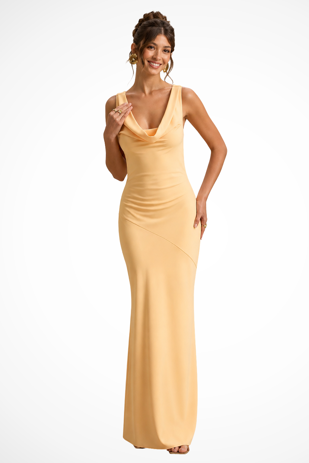 Women's fitted maxi dress with chic cowl neck, a beautiful choice for formal occasions & parties.