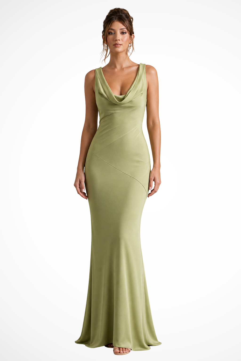 Flattering women's formal maxi dress with elegant cowl neck, suited for wedding guests.