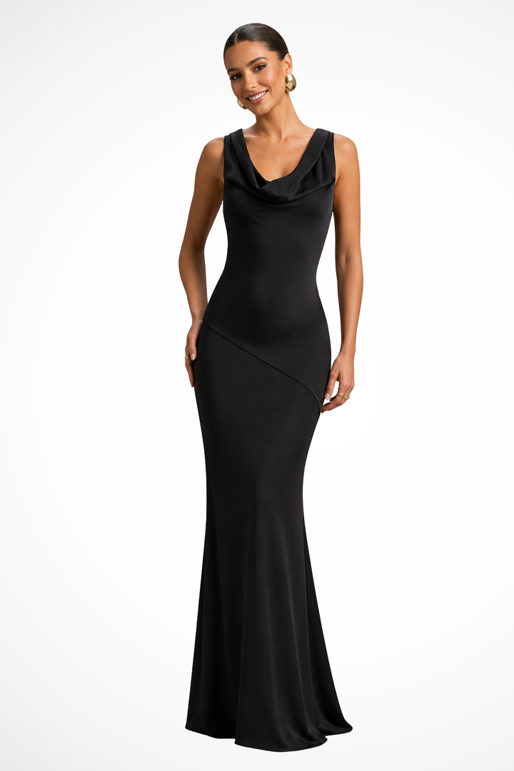 Vibrant cowl neck fitted maxi dress for women, an elegant choice for special occasion evenings.