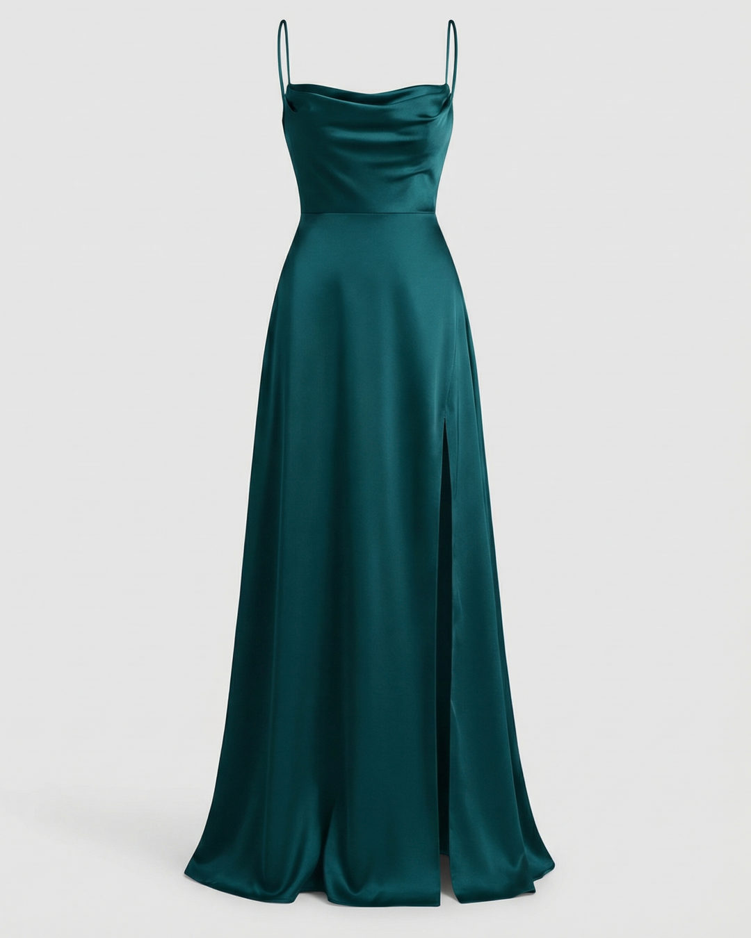 Stylish women's long dress: cowl neck and high slit design, a beautiful maxi gown for formal events.