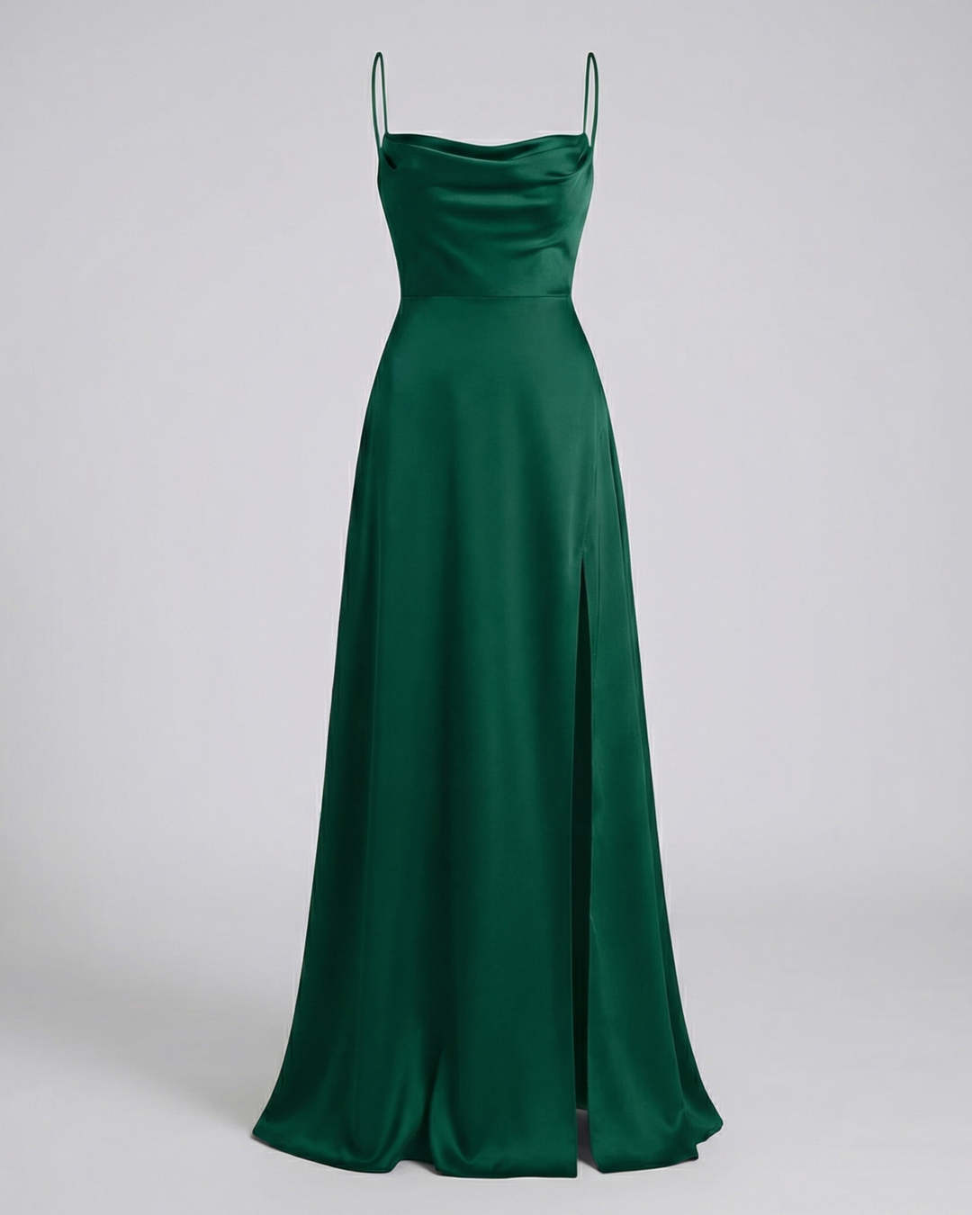 Luxurious women's maxi dress with cowl neck & slit, an elegant choice for a wedding guest or evening party.