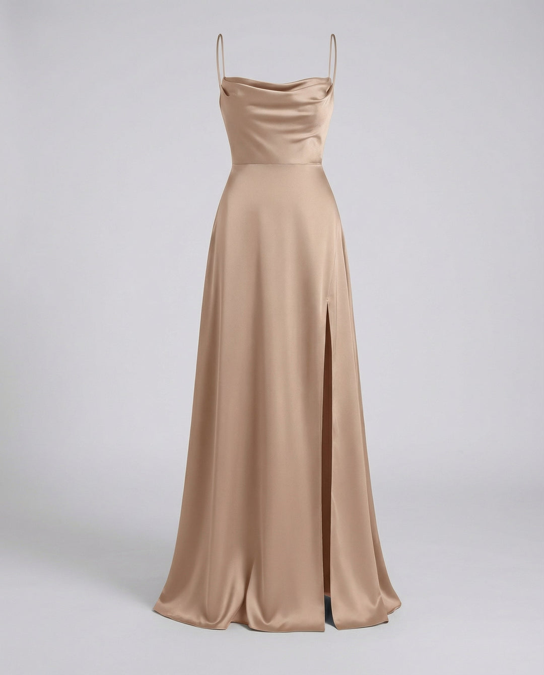 Sophisticated women's long evening gown with a flattering cowl neck and elegant high slit detail.