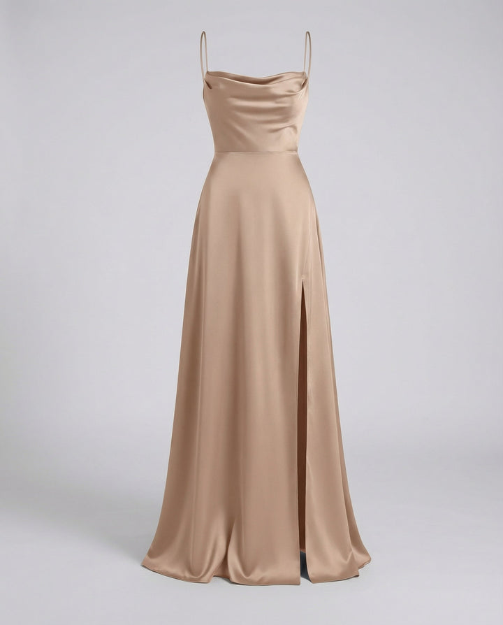 Sophisticated women's long evening gown with a flattering cowl neck and elegant high slit detail.