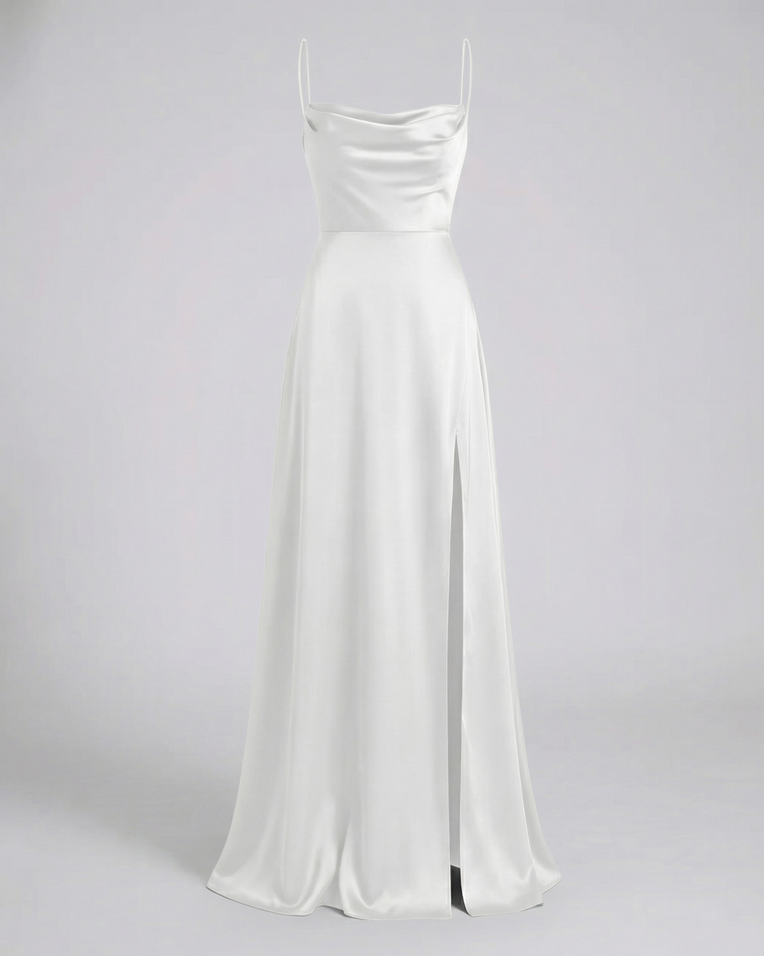 Glamorous women's wedding guest dress: flowing maxi style, cowl neck, and a fashionable thigh-high slit.
