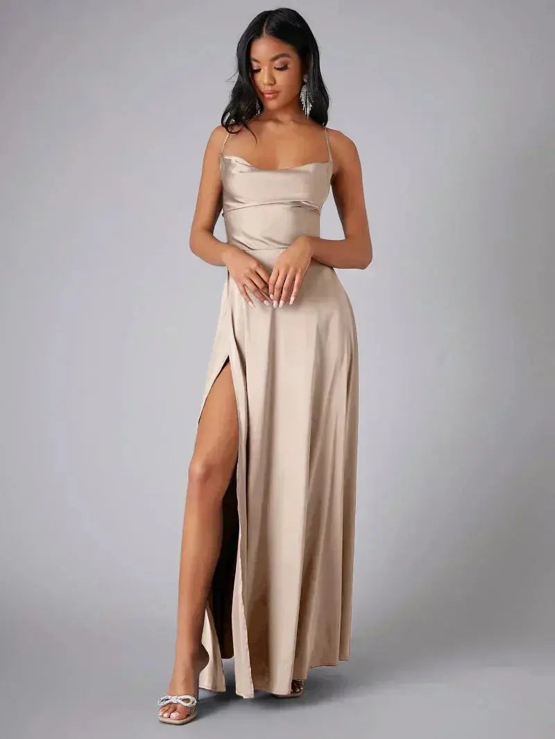 Elegant women's cowl neck maxi dress with adjustable straps & side slit, perfect for evening or formal events.