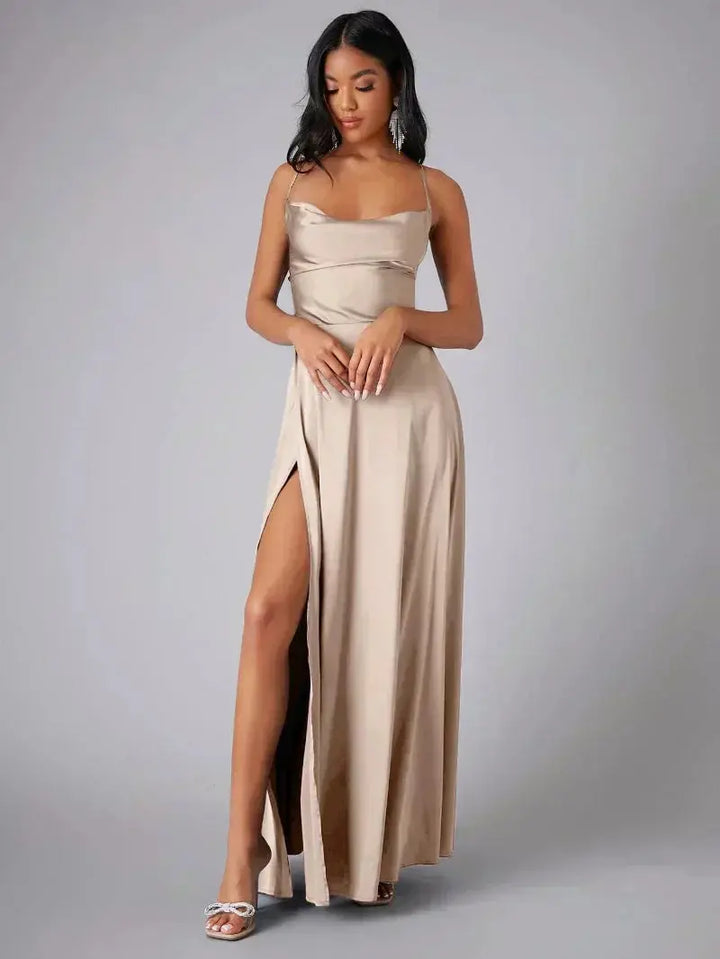 Elegant women's cowl neck maxi dress with adjustable straps & side slit, perfect for evening or formal events.