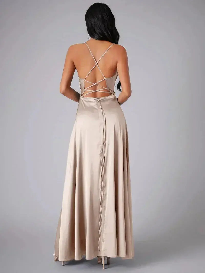 Stunning cowl neck maxi dress for women, ideal as a wedding guest or formal evening gown, with a graceful side slit.
