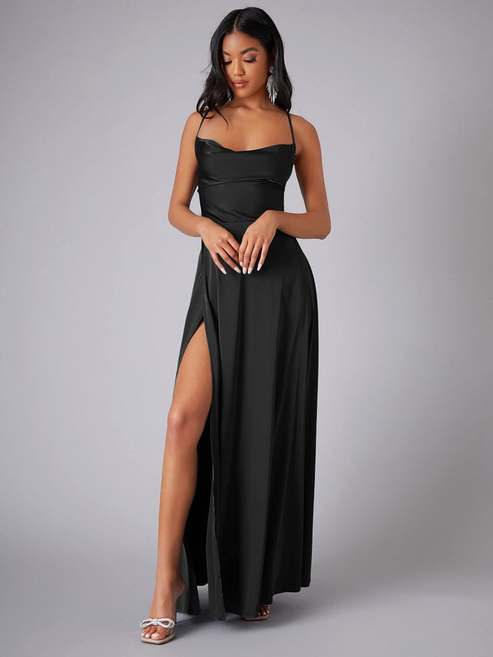 Elegant women's cowl neck maxi dress with backless design & slit, perfect for evening or formal events.