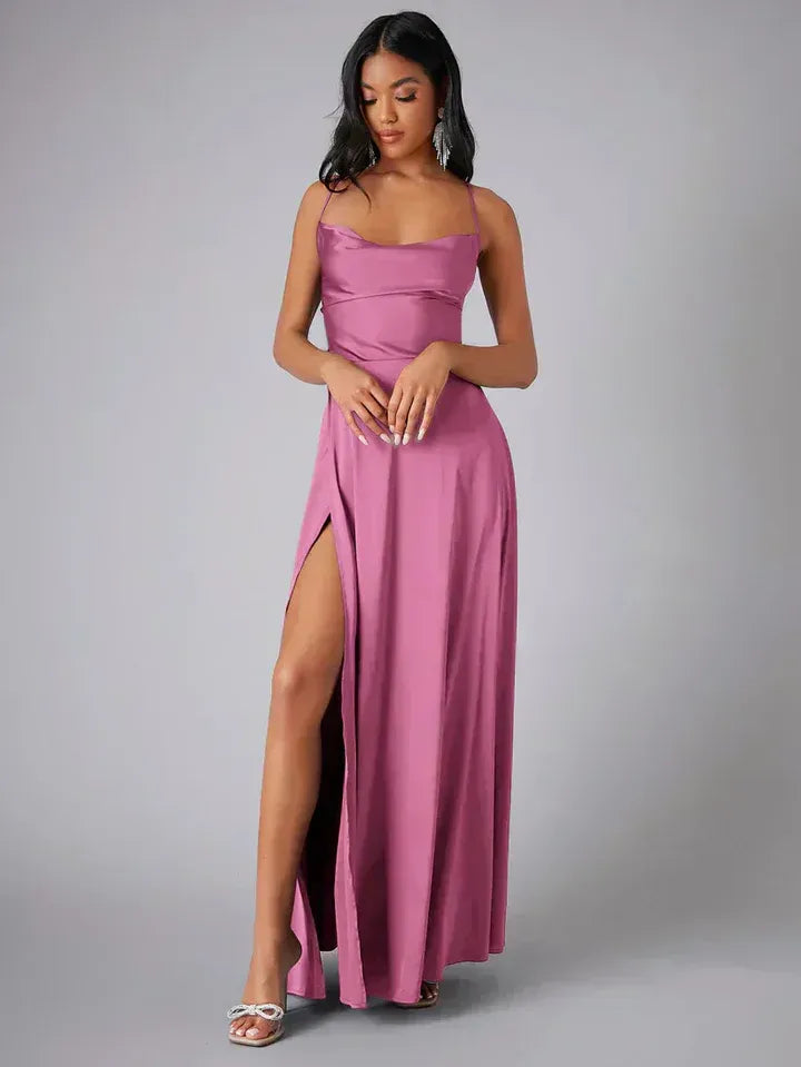 Exquisite women's evening maxi dress: cowl neck, open back, and a graceful slit for elegant formal occasions.