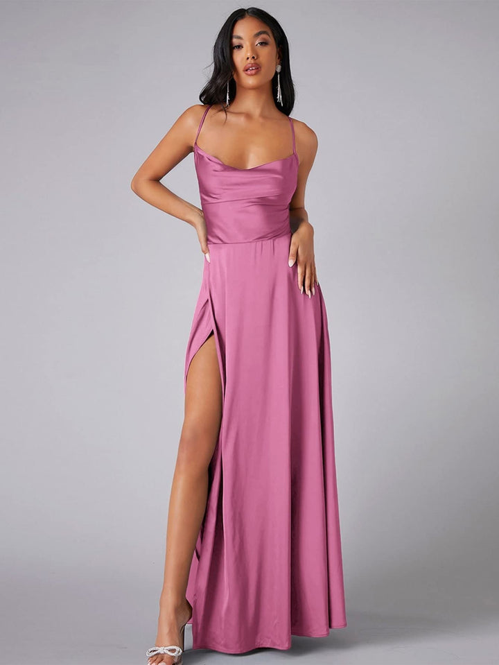 Women's backless cowl neck maxi dress with a slit, perfect as an elegant evening or formal party gown.