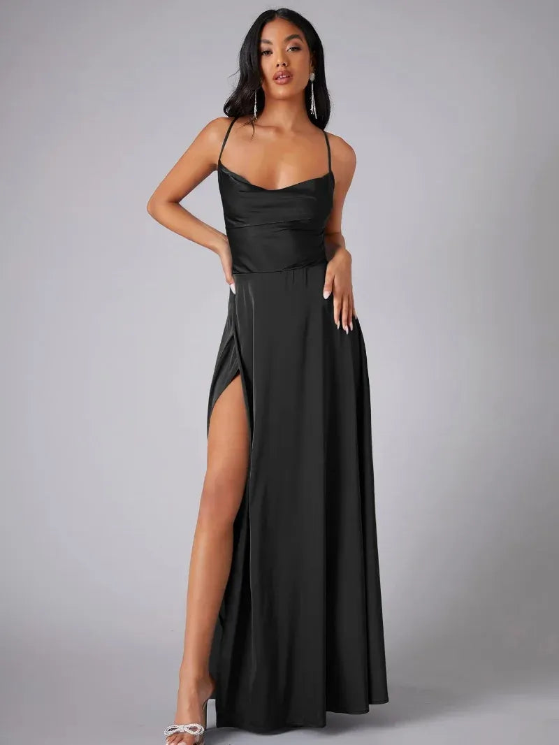Sophisticated backless cowl neck maxi dress for women, featuring a stylish high slit for evening parties.